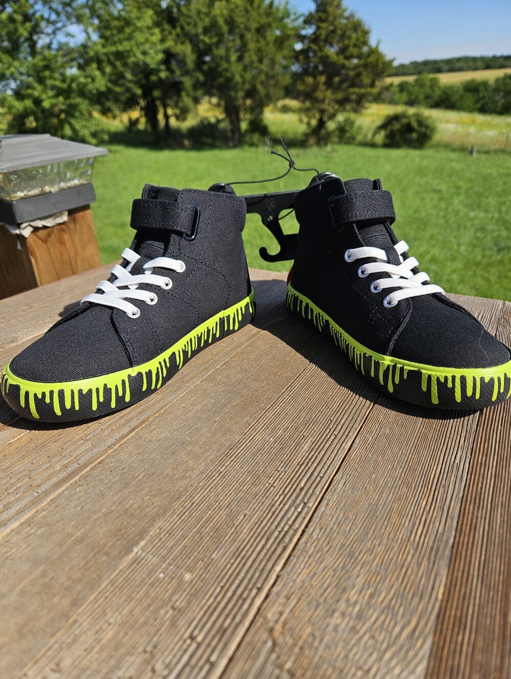 wonder nation Black High-Top Sneakers with Neon Green Drip Accent